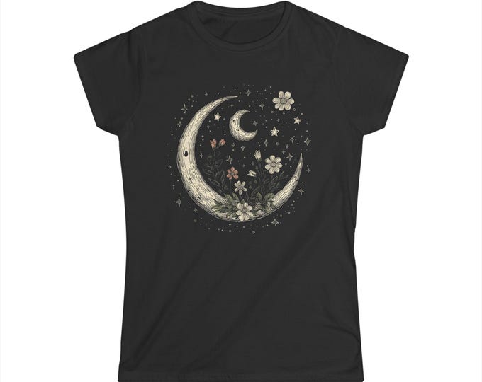 Celestial Moon & Floral T-Shirt | Soft Vintage-Inspired Boho Tee | Lunar Aesthetic Starry Night Shirt | Astrology Lover Gift