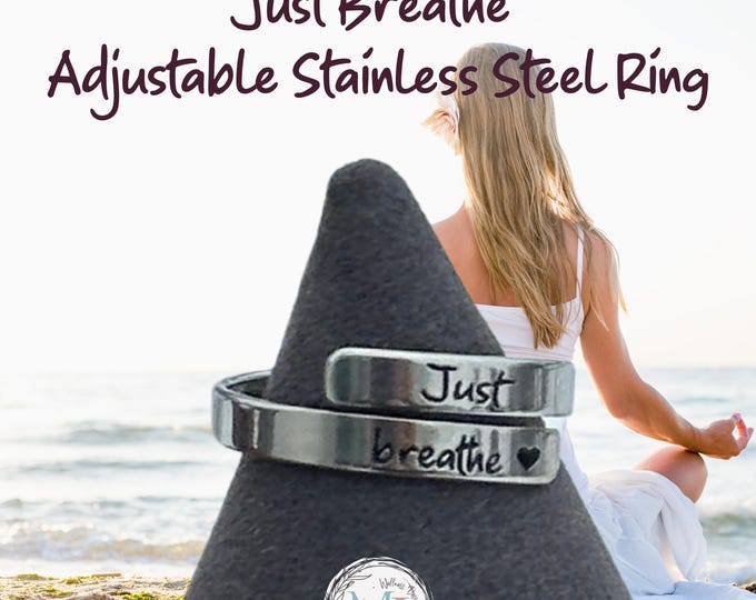 Just Breathe Adjustable Cuff Ring with Heart, Polished Stainless Steel Motivational Jewelry, Dainty & Minimalist Inspirational Gift for Her