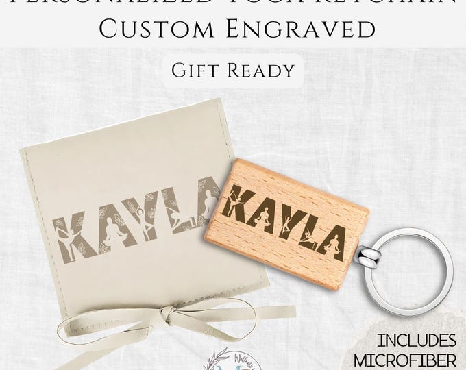 Personalized Wood Yoga Keychain • Custom Engraved Yoga Pose, Aerial, Prenatal (Gift Pouch)