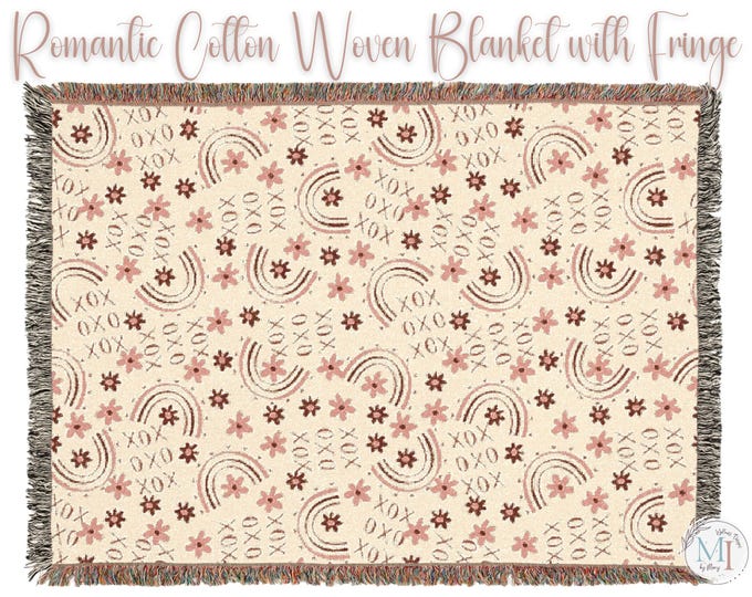 Luxury Whimsical Custom Romantic Jacquard Blanket I Hearts, Rainbows, Hugs & Kisses XOXO Design I Wall Art Decor, Blanket or Throw, 3 Sizes