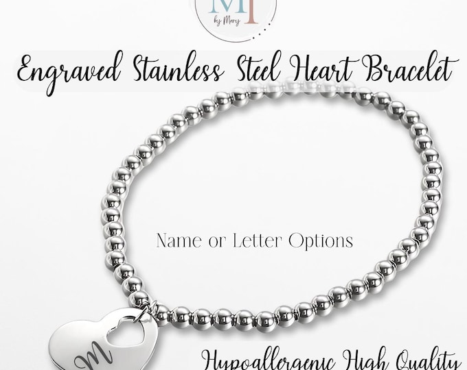Engraved Heart Bracelet | Personalized Stretch Bracelet | Custom Name Bracelet | Hypoallergenic Stainless Steel I Matching Engraved Gift Bag