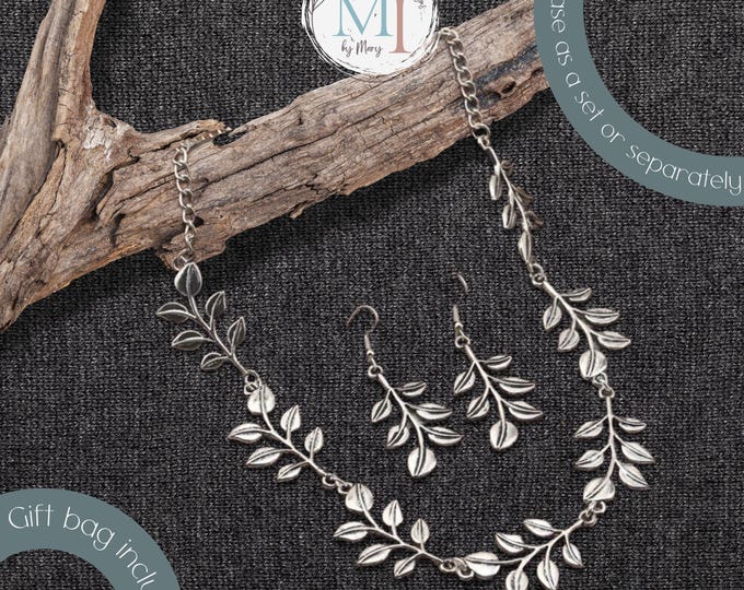 Boho Nature Lover Leaf Jewelry Set | Vintage Silver-Plated Pendant Necklace & Drop Earrings | Personalized Jewelry Set for Valentine's Gift