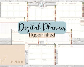 May include: A digital planner with a floral design and a light brown background. The planner includes pages for yearly overview, daily tracker, monthly review, and note taking. The text "Digital Planner Hyperlinked" is displayed in the center of the image.