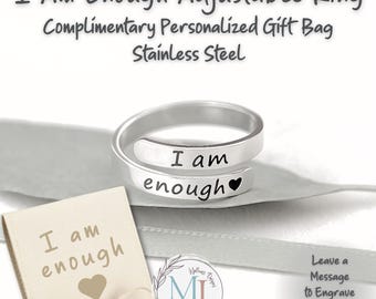 I Am Enough Affirmation Ring: Adjustable Stainless Steel, (Story Card & Personalized Gift Pouch)
