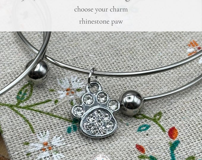 Personalized Paw Charm Bangle: Engraved Stainless Steel Adjustable Bracelet (Personalized Gift Pouch)