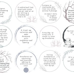May include: A set of 10 printable affirmation cards with black and white illustrations and text. The cards feature affirmations about setting boundaries, self-care, and personal growth. The text on the cards includes phrases like "I trust my intuition", "I will only surround myself with people who have my best interest in mind", and "It's not my job to anticipate the needs of others".