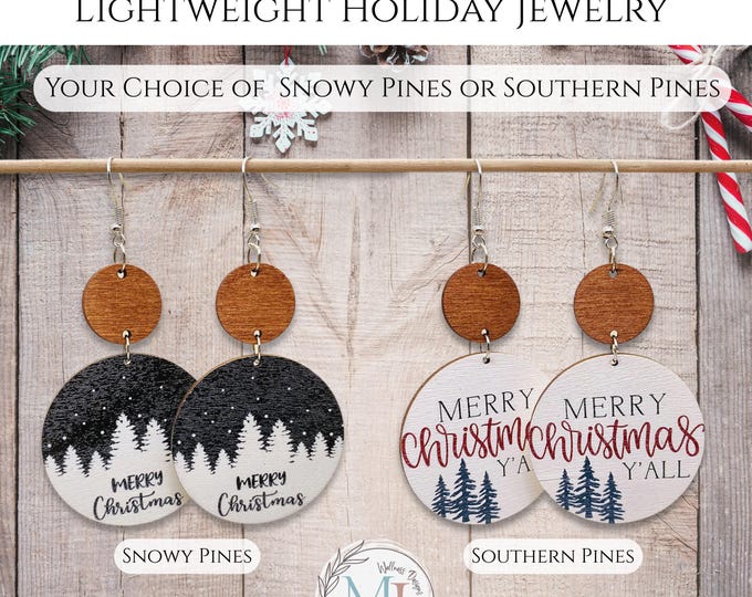 Merry Christmas Wood Earrings: Rustic Holiday Jewelry