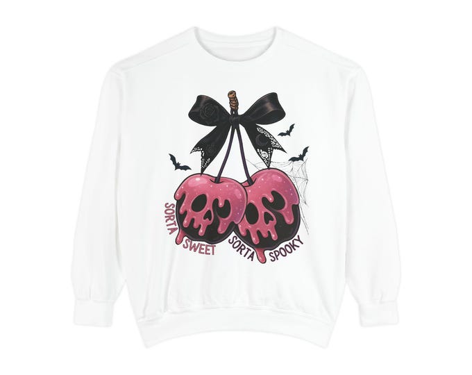 Pink Cherry Skull Sweatshirt: Comfort Colors Fleece, Spooky Goth Crewneck