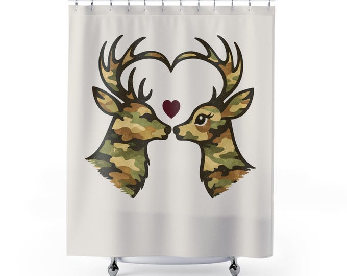 Camo Deer Shower Curtain | Rustic Heart Antlers, Cabin Bath Decor