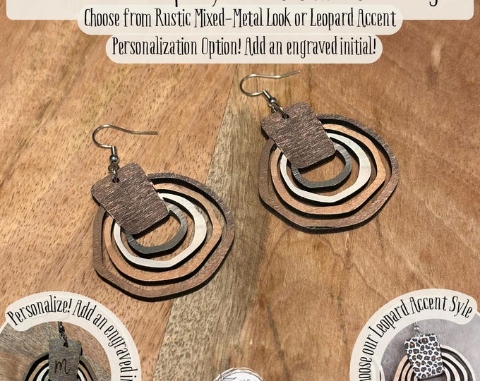 Boho Wood Drop Earrings: Leopard Accent Layered Circle Dangles