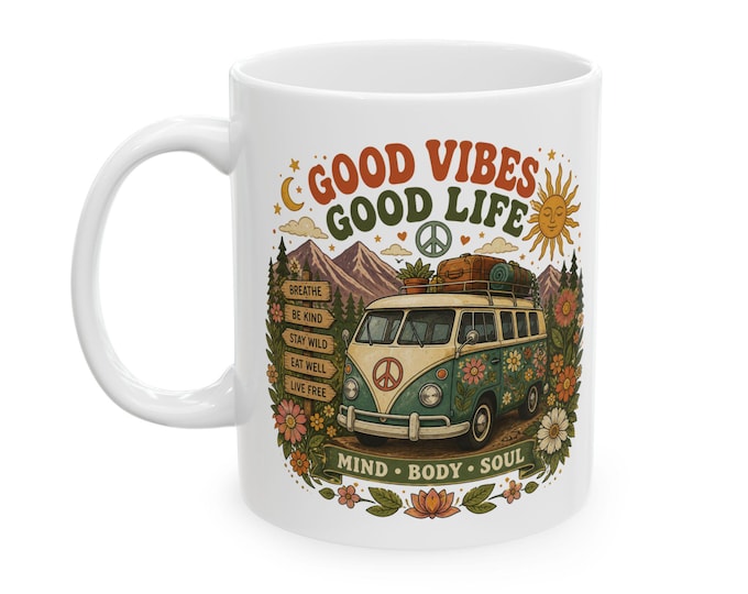 Retro Boho Hippie Van Mug, Good Vibes Good Life Double-Sided Coffee Cup (11oz 15oz)