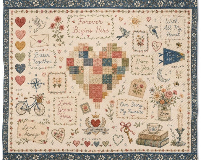 Heirloom Quilted Throw Blanket, Vintage Cottagecore Floral, Romantic Farmhouse Cozy Sofa Blanket