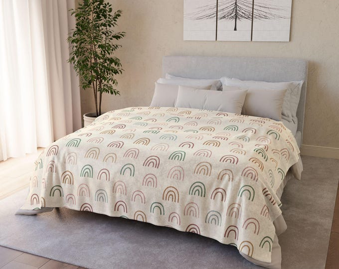 Neutral Rainbow Minky Blanket: Soft Boho Nursery Throw