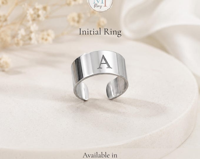Personalized Initial Cuff Ring, Adjustable Stainless Steel, Minimalist to Statement Rings (6, 10, 15mm)