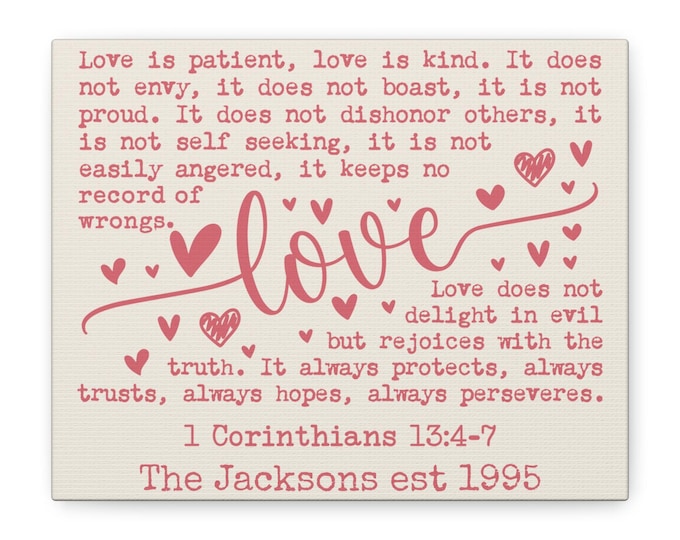 Personalized 1 Corinthians 13 Love Verse Canvas | Matte Stretched Wall Art | Pink Cottage Script