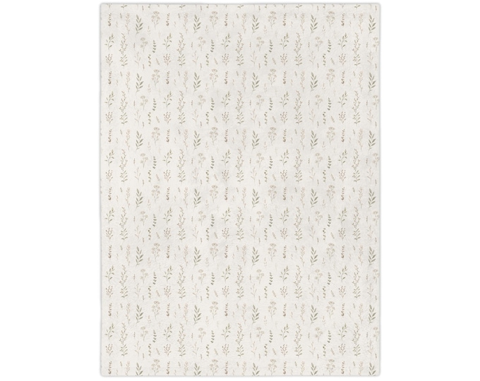 Boho Nature Velveteen Blanket | Neutral Microfiber Throw with Leaves & Sprigs