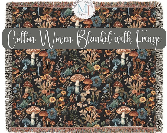 Whimsical Mushroom Blanket, Floral Throw, Dark Background Cozy Home Decor, Boho Gift, Jacquard Woven Luxury Artistic Tapestry, Nature Lover