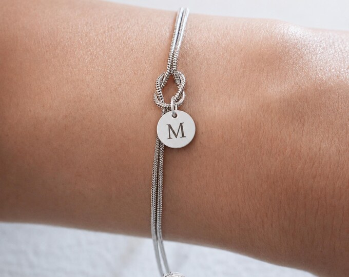 Personalized Knot Bracelet, Snake Chain, 10mm Initial Charm | Gold, Silver, Two-Tone Jewelry | Gift Pouch