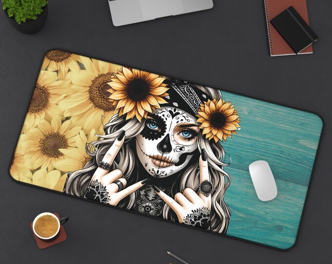 Sugar Skull with Sunflowers Desk Mat | Custom Neoprene Office Mat | Anti-Slip Durable Desk Pad in 3 Sizes | Home Office Decor Gift for Her
