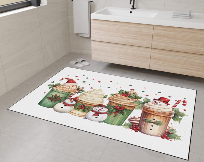 Christmas Coffee, Snowman & Candy Cane Heavy Duty Floor Mat | Festive Holiday Non-Slip Rug | Durable Home Décor Gift for Her