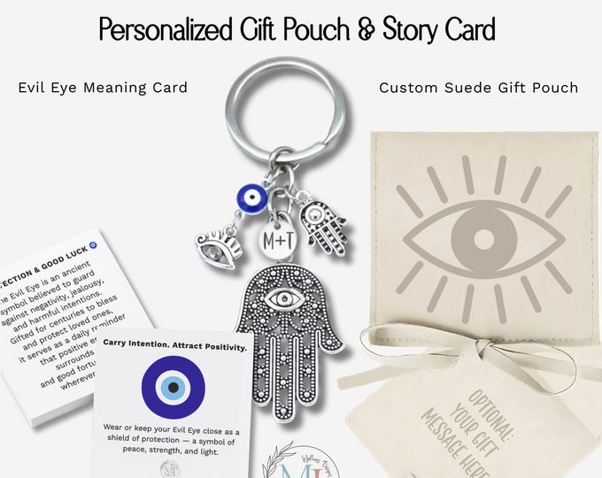 Personalized Evil Eye Hamsa Keychain: with Stainless Steel Initial Charm