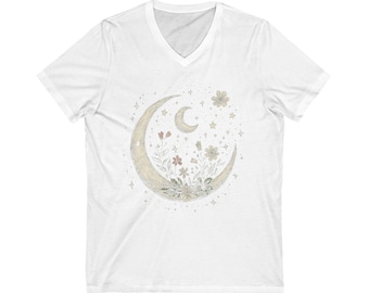 Camiseta celestial con cuello en V / Camiseta con gráfico de luna y estrellas / Camiseta bohemia de astrología / Regalo para amantes de la naturaleza