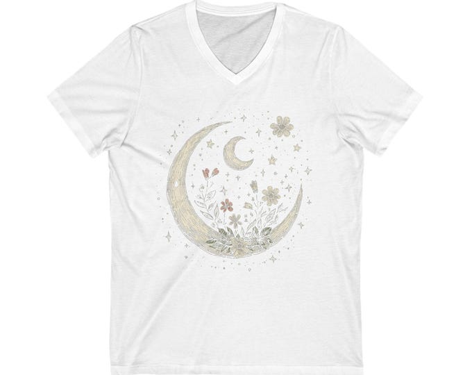 Celestial V-Neck Tee | Moon and Stars Graphic T-Shirt | Boho Astrology Shirt | Nature Lovers Gift