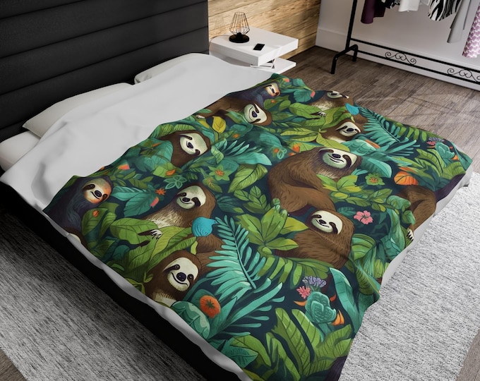Whimsical Sloth Plush Blanket | Velveteen Throw | Cozy Jungle-Themed Decor | Soft & Warm Fleece | Cute Gift for Sloth and Animal Lovers