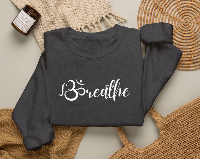 Embroidered Elephant Om Sweatshirt: "Breathe" Yoga Pullover, Unisex Meditation Top, Wrist Detail