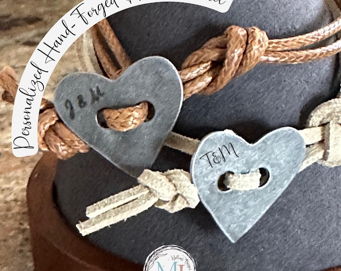 Personalized Heart Bracelet | Hand-Forged Pewter Heart on Adjustable Ivory Suede or Brown Waxed Rope | Custom Gift with Matching Gift Pouch