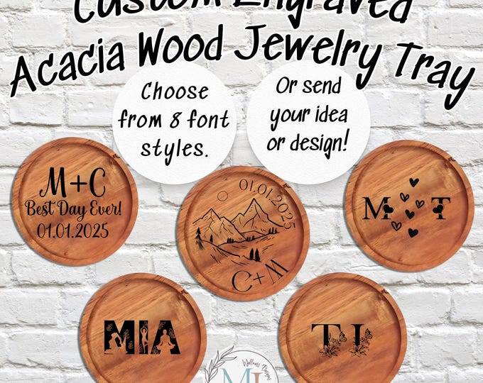 Engraved Jewelry Tray | Personalized Trinket Dish | Custom Wooden Ring Holder | Acacia Wood Minimalist Home Decor | Wedding Bridesmaids Gift