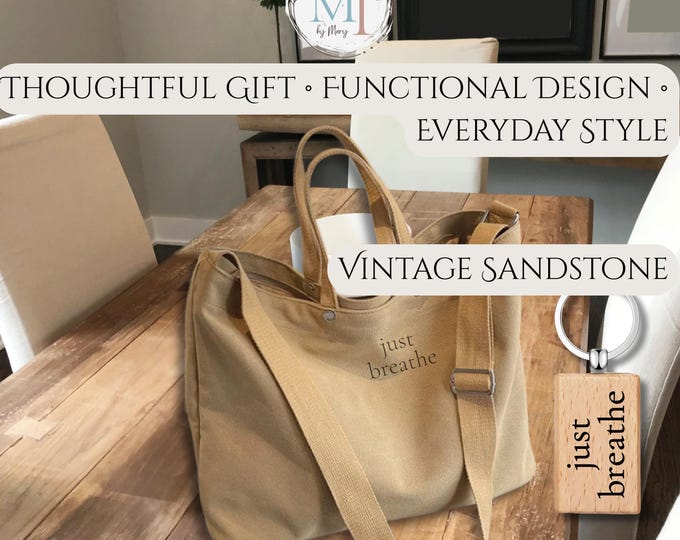 Personalized Canvas Tote with Engraved Keychain, Vintage Neutral Zipper Bag