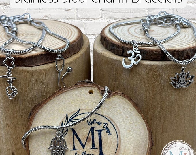 Stainless Steel Charm Bracelet with Choices Paw Heartbeat, Om, Lotus, Hamsa & More | Adjustable Twist Chain Bracelet | Personalized Jewelry