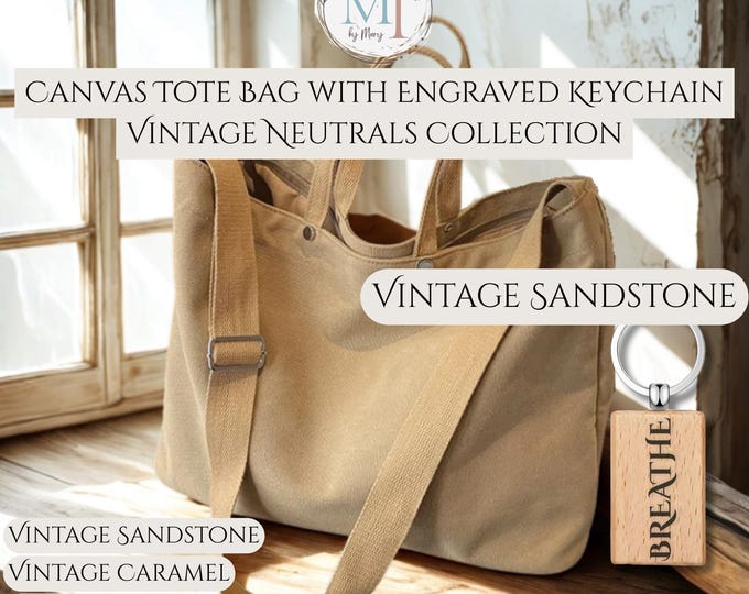 Personalized Canvas Tote Bag with Engraved Wood Keychain