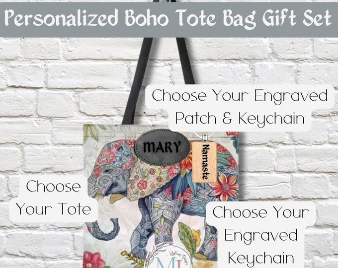 Personalized Tote Bag & Bag Charm Gift Set | Custom Patch and Keychain | Yoga, Mandala, Elephant Design | Eco-Friendly Bag | Unique Zen Gift