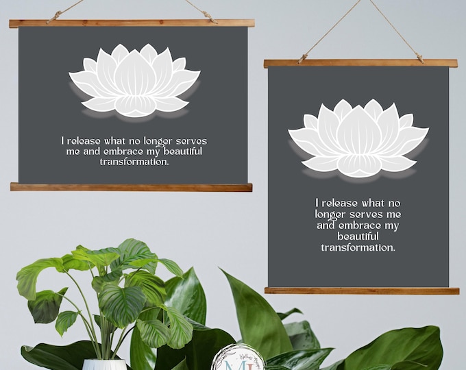 White Lotus Wall Tapestry with Wood Hanger | Soft Gray 'Release & Transformation' Meditation Décor I Lotus Wall Art I Yoga Studio Tapestry
