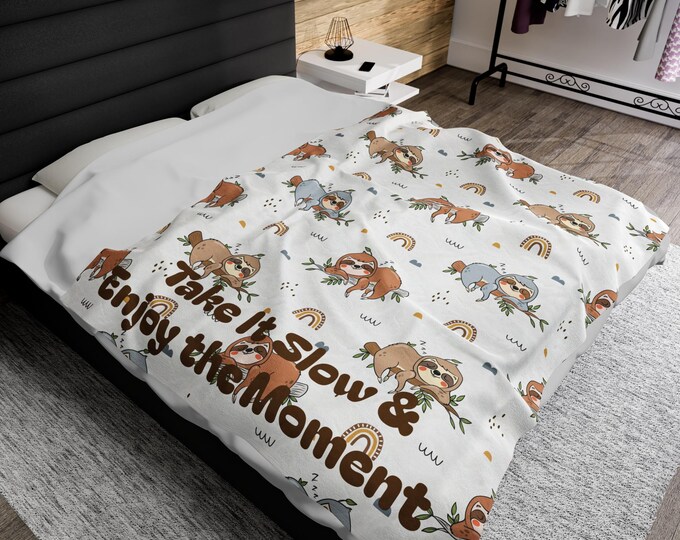 Personalized Sloth Blanket | Custom Cozy Velveteen Throw | Jungle Nursery Decor | Soft Plush Blanket | Cute Animal Lover Gift