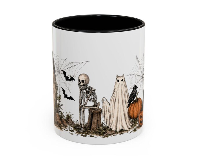 Vintage Halloween Scene Accent Mug | Ghost, Skeleton, Witch, Pumpkins Full Wrap Design