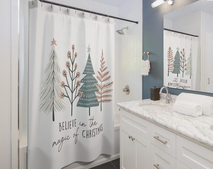 Believe in the Magic of Christmas Holiday Shower Curtain | Boho Bathroom Decor | Soft Pastel Modern Christmas Design | Holiday Gift Idea