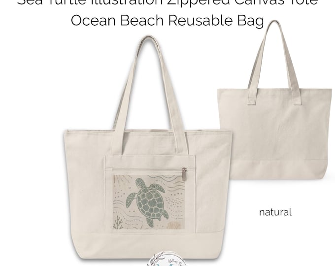 Sea Turtle Canvas Tote Bag with Zipper, Coastal Beach Tote, Heavy Cotton Market Bag, Ocean Lover Gift, Reusable Travel Tote
