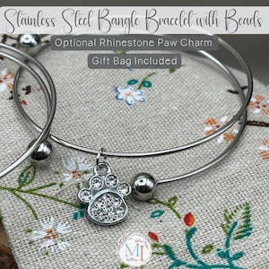 Personalized Stainless Steel Bangle Bracelet: Rhinestone Paw Charm, Initial Pendant