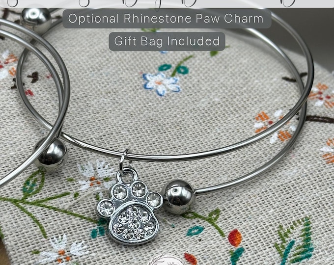 Personalized & Custom Bangle Bracelet, Best Friend Paw Heart, Rhinestone Paw Charm, Initial Pendant Minimalist Silver Jewelry Bonus Gift Bag