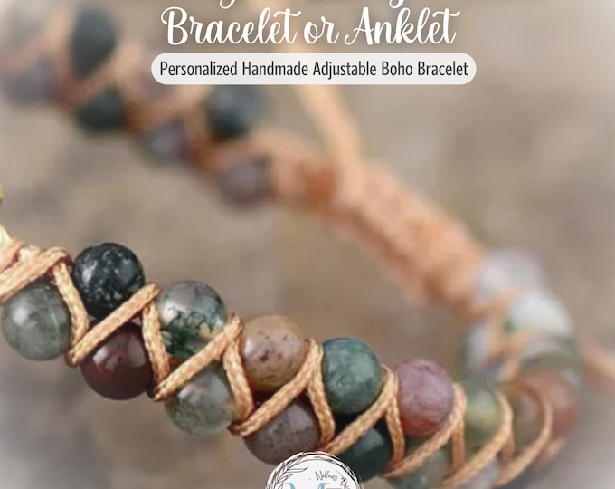 Personalized Bohemian Indian Agate Woven Bracelet or Anklet: Adjustable, Engraved Heart Charm & Gift Pouch