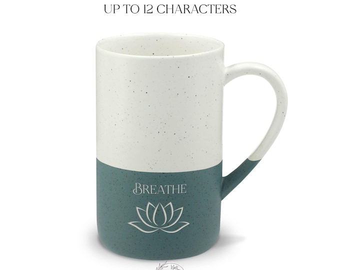 Personalized Lotus Mug, Custom Word Engraved Ceramic Mug, Mindfulness Gift, Speckled 13oz Coffee Cup