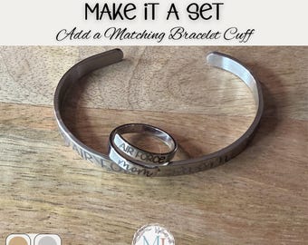 Personalized Military Adjustable Ring with Gift Pouch + Matching Cuff Bracelet