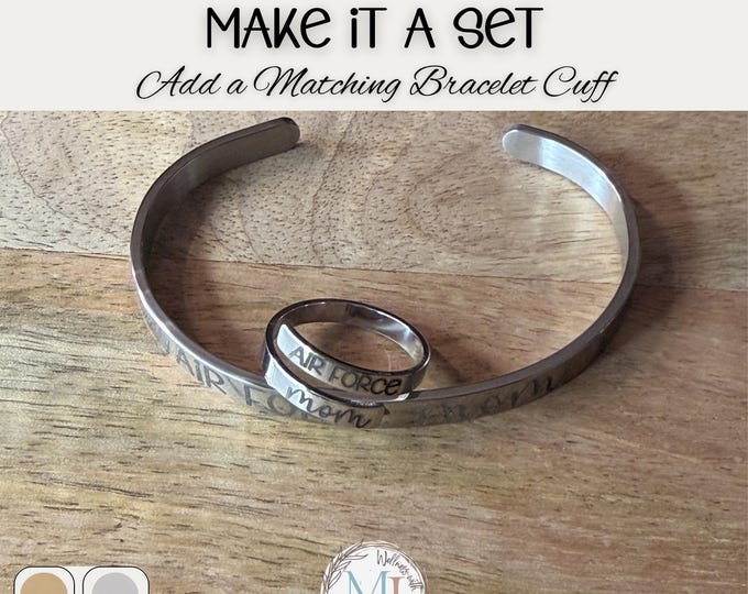 Personalized Military Adjustable Ring with Gift Pouch + Matching Cuff Bracelet