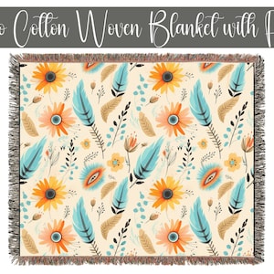 Custom Jacquard Woven Blanket in Boho Floral Design with fringe | 100% Cotton Cozy Home Decor | Wall Art Decor, Sofa Throw in 3 Sizes