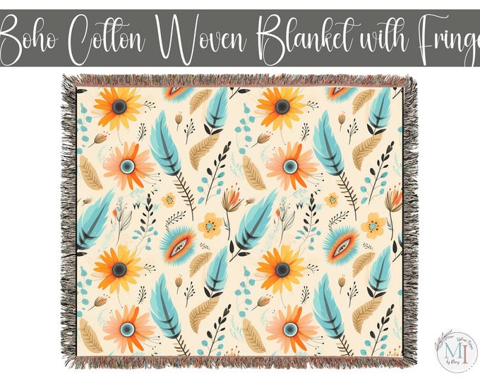 Custom Jacquard Woven Blanket in Boho Floral Design with fringe | 100% Cotton Cozy Home Decor | Wall Art Decor, Sofa Throw in 3 Sizes