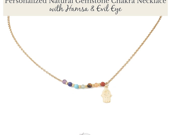 Personalized Chakra Natural Gemstone Necklace with Hamsa, Evil Eye Protection, Engraved Pendant, Gold Stainless Steel