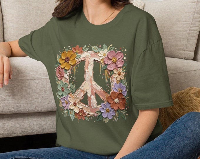 Floral Peace Sign T-Shirt, Retro Boho Hippie Graphic Tee, Unisex Softstyle Shirt